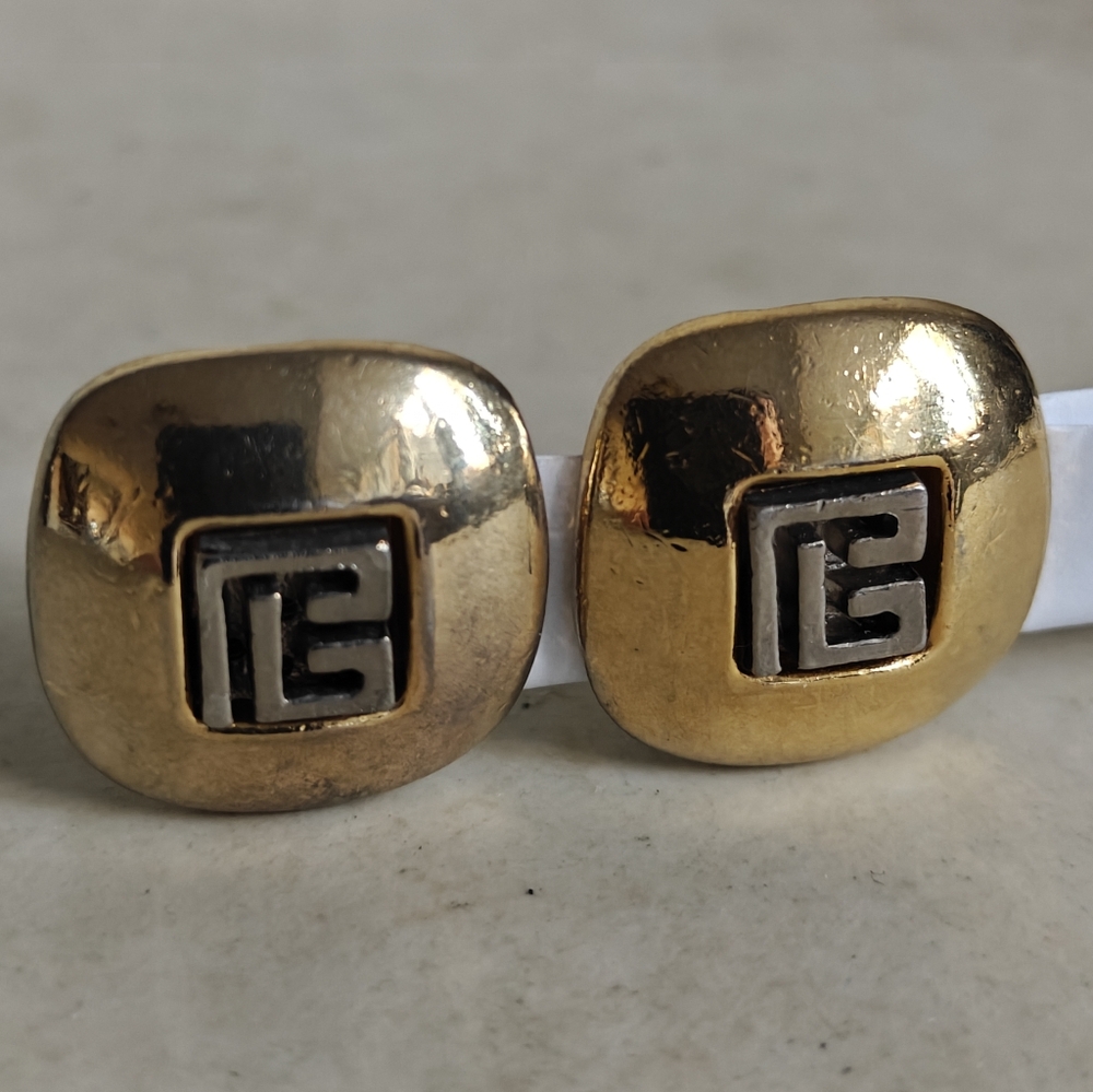 Vintage Designer Pierre Balmain Logo Gold Clip-On Earrings